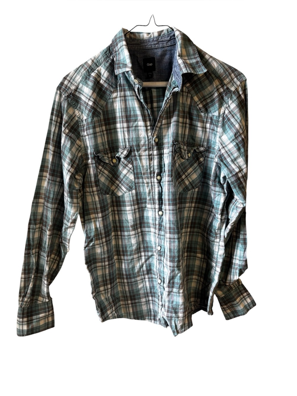 EUC Gap Size S Men's Plaid Button-Down Long Sleeve Shirt in Teal and White
